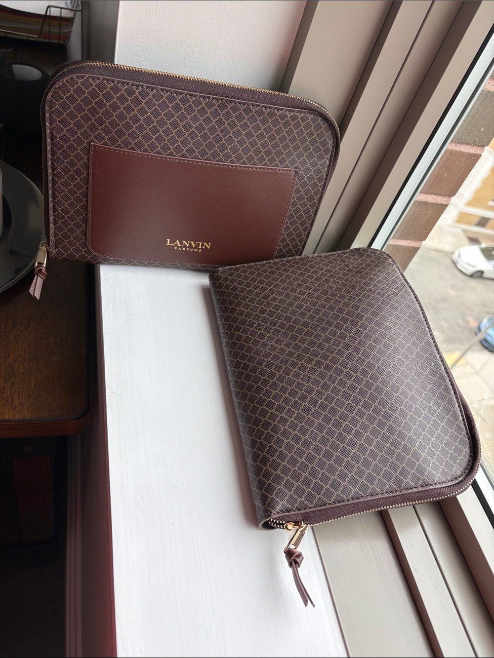Lanvin Brown Patterned Leather-Trim Toiletry Pouch Set